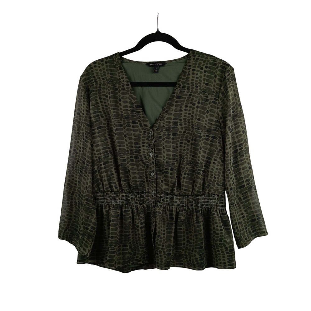 Banana Republic Olive Green Abstract Print Smocked Peplum Blouse Women's Size L